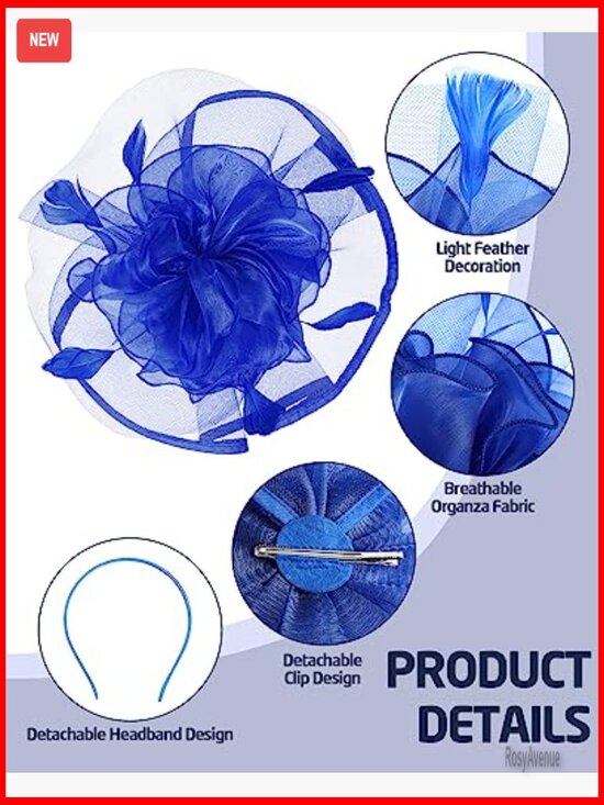6-Piece Fascinator Hat Set for Women, Derby Cocktail Tea Party Organza main image 5